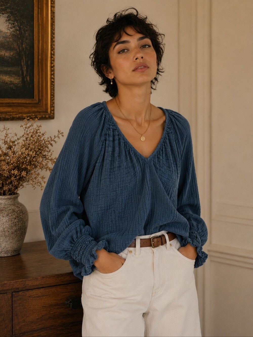 Culture Textured Gauze Peasant Blouse | Blue | Medium